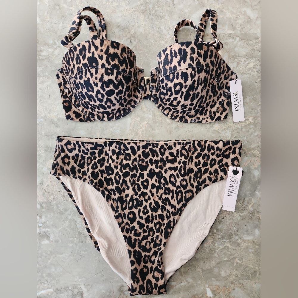 34D/M VS Swim Underwire Balconette Bikini Top High Waist Bikini Set Leopard